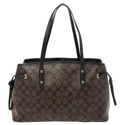 Pre Owned Coach Brown/Black Signature Coated Canvas and Leather Drawstring Carryall Tote