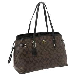 Pre Owned Coach Brown/Black Signature Coated Canvas and Leather Drawstring Carryall Tote