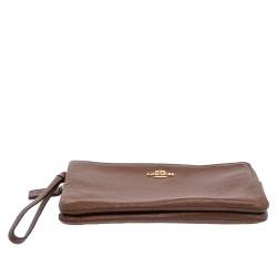 Pre Owned Coach Brown Leather Double Zip Wristlet Clutch