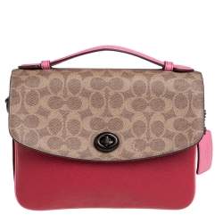 Pre Owned Coach Pink/Red Signature Coated Canvas and Leather Cassie Top Handle Bag