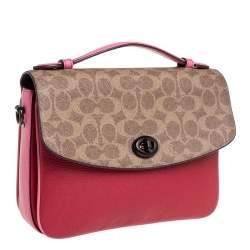 Pre Owned Coach Pink/Red Signature Coated Canvas and Leather Cassie Top Handle Bag