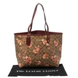 Pre Owned Coach Brown/Beige Floral Print Signature Coated Canvas and Leather Reversible City Tote