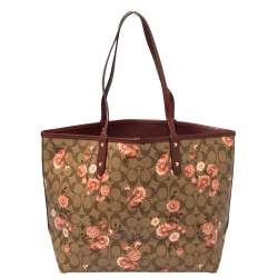 Pre Owned Coach Brown/Beige Floral Print Signature Coated Canvas and Leather Reversible City Tote