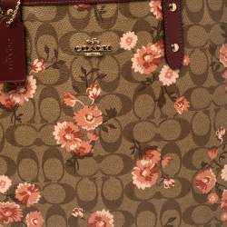 Pre Owned Coach Brown/Beige Floral Print Signature Coated Canvas and Leather Reversible City Tote