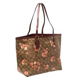 Pre Owned Coach Brown/Beige Floral Print Signature Coated Canvas and Leather Reversible City Tote
