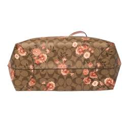Pre Owned Coach Brown/Beige Floral Print Signature Coated Canvas and Leather Reversible City Tote