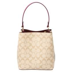 Pre Owned Coach Beige/Pink Signature Coated Canvas and Leather Small Town Bucket Bag