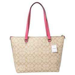 Coach Beige/Pink Signature Coated Canvas and Leather Gallery Tote