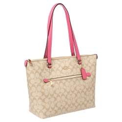 Coach Beige/Pink Signature Coated Canvas and Leather Gallery Tote