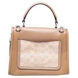 Pre Owned Coach Beige Signature Coated Canvas And Leather Parker Top Handle Bag