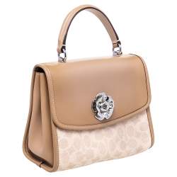 Pre Owned Coach Beige Signature Coated Canvas And Leather Parker Top Handle Bag