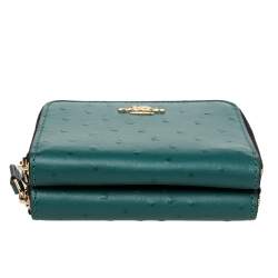 Pre Owned Coach Green Ostrich Embossed Leather Double Zip Around Compact Wallet