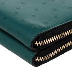 Pre Owned Coach Green Ostrich Embossed Leather Double Zip Around Compact Wallet