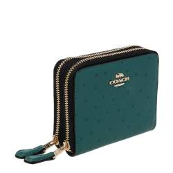 Pre Owned Coach Green Ostrich Embossed Leather Double Zip Around Compact Wallet