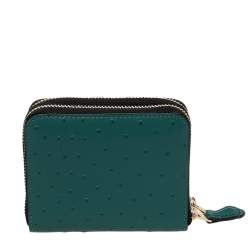 Pre Owned Coach Green Ostrich Embossed Leather Double Zip Around Compact Wallet