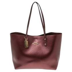 Pre Owned Coach Metallic Burgundy Leather City Tote