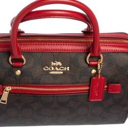 Pre Owned Coach Red/Brown Signature Coated Canvas and Leather Rowan Boston Bag