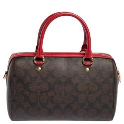 Pre Owned Coach Red/Brown Signature Coated Canvas and Leather Rowan Boston Bag