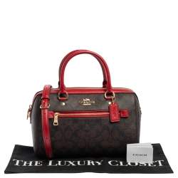 Pre Owned Coach Red/Brown Signature Coated Canvas and Leather Rowan Boston Bag