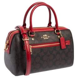 Pre Owned Coach Red/Brown Signature Coated Canvas and Leather Rowan Boston Bag