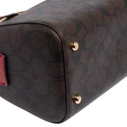 Pre Owned Coach Red/Brown Signature Coated Canvas and Leather Rowan Boston Bag