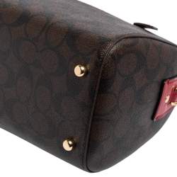 Pre Owned Coach Red/Brown Signature Coated Canvas and Leather Rowan Boston Bag