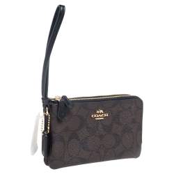 مملوكة مسبقًا Coach Brown Signature Coated Canvas Double Zip Wristlet