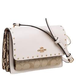 Coach Light Beige Leather and Coated Canvas With Rivets Klare Crossbody Bag