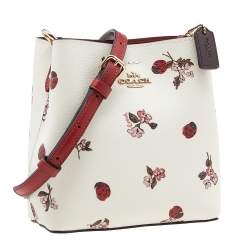 Pre Owned Coach White Printed Coated Canvas and Leather Mini Town Crossbody Bucket Bag
