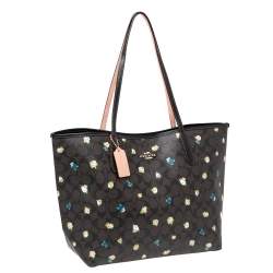 Pre Owned Coach Brown Signature Coated Canvas and Leather Floral Print City Tote