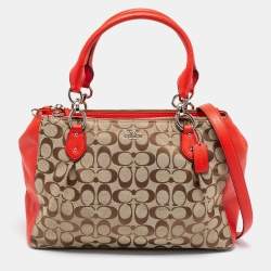 Coach Beige/Red Signature Canvas And Leather Christie Carryall Satchel