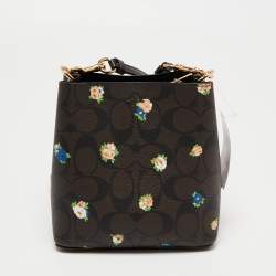 Pre Owned Coach Brown Signature Coated Canvas and Leather Mini Vintage Rose Print Town Bucket Bag