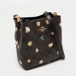 Pre Owned Coach Brown Signature Coated Canvas and Leather Mini Vintage Rose Print Town Bucket Bag