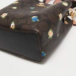 Pre Owned Coach Brown Signature Coated Canvas and Leather Mini Vintage Rose Print Town Bucket Bag