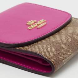 Pre Owned Coach Pink/brown Signature Coated Canvas and Leather Flap Compact Wallet