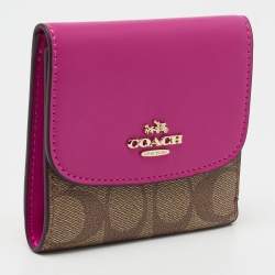 Pre Owned Coach Pink/brown Signature Coated Canvas and Leather Flap Compact Wallet