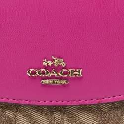 Pre Owned Coach Pink/brown Signature Coated Canvas and Leather Flap Compact Wallet