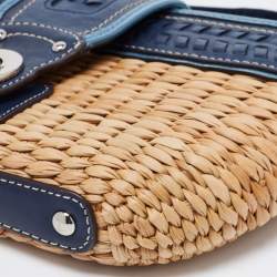 Coach Two Tone Blue Straw and Leather Turnlock Clutch