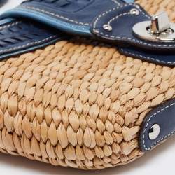 Coach Two Tone Blue Straw and Leather Turnlock Clutch