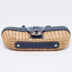 Coach Two Tone Blue Straw and Leather Turnlock Clutch