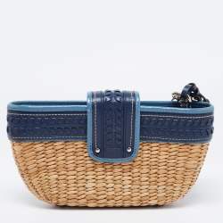 Coach Two Tone Blue Straw and Leather Turnlock Clutch