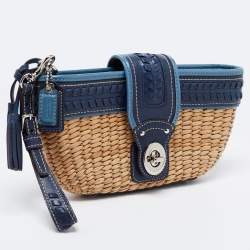Coach Two Tone Blue Straw and Leather Turnlock Clutch