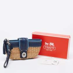 Coach Two Tone Blue Straw and Leather Turnlock Clutch