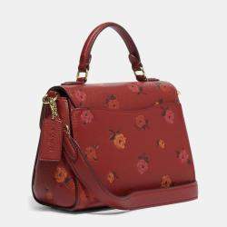 Coach Red Floral Print Leather Morgan Top Handle Bag 