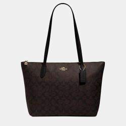 Coach Brown/Black Signature Coated Canvas and Leather Zip Top Tote Bag