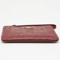 Pre Owned Coach Red Signature Debossed Patent Leather Zip Wristlet Pouch