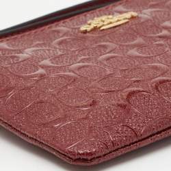 Pre Owned Coach Red Signature Debossed Patent Leather Zip Wristlet Pouch