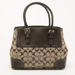 Pre Owned Coach Dark Brown/Beige Signature Canvas and Leather Hampton Tote