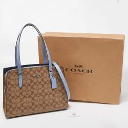 Pre Owned Coach Light Blue/Beige Signature Coated Canvas and Leather Tatum Caryall Tote
