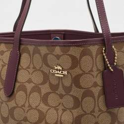 Pre Owned Coach Beige/Purple Signature Coated Canvas and Leather City Tote